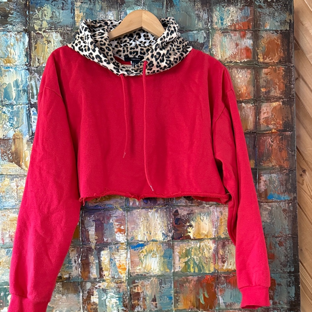 Forever 21 Red Cropped Hoodie with Leopard Print Hood Lining